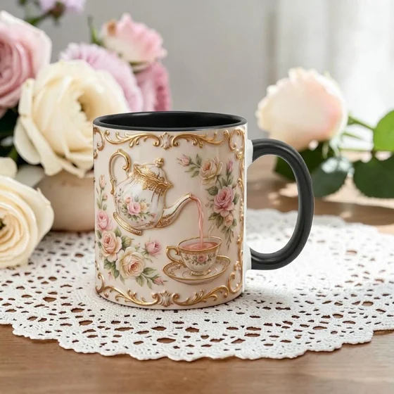 Çiçek ve çay temalı baskılı kupa
